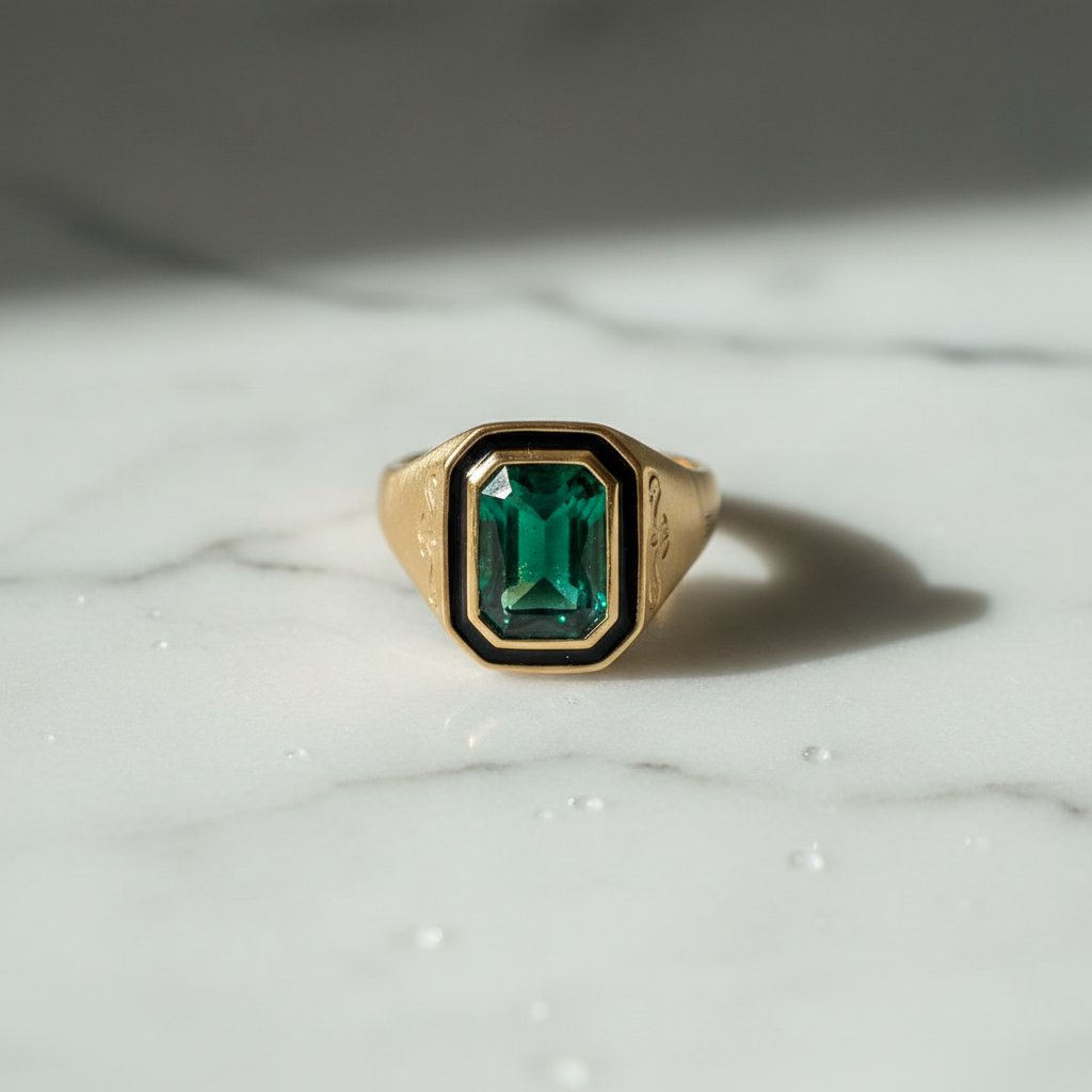 Anello Dark Emerald su marmo